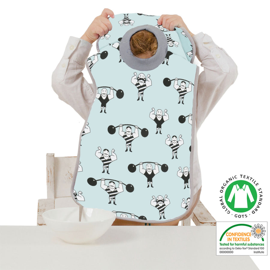 Bavoir maternelle à enfiler avec poche de rangement (petits costauds), coton bio oekotex